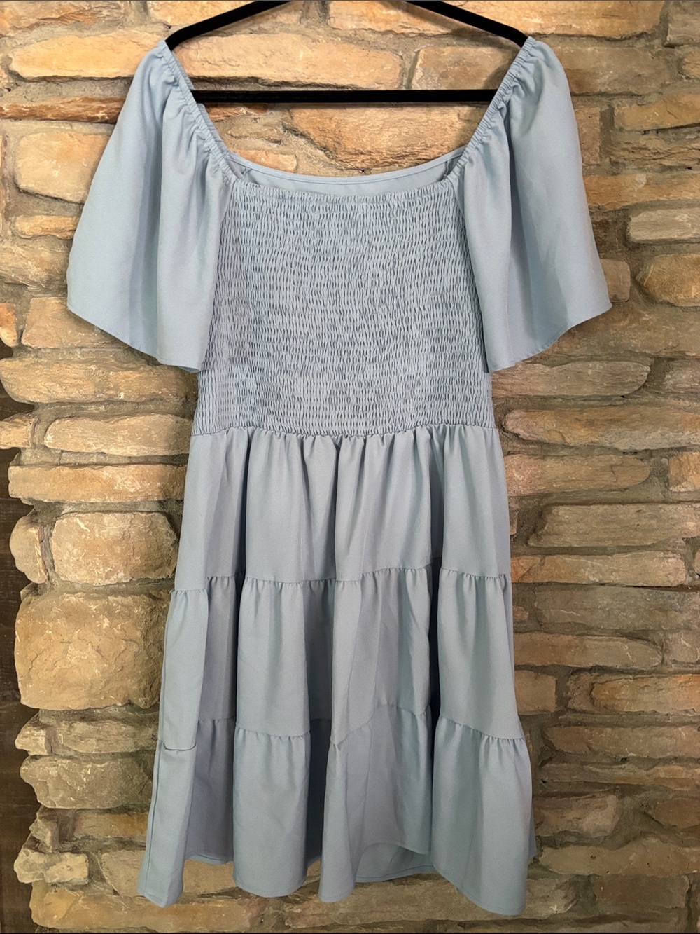Light Blue Smocked Off-Shoulder Tiered Midi Dress. 1XL